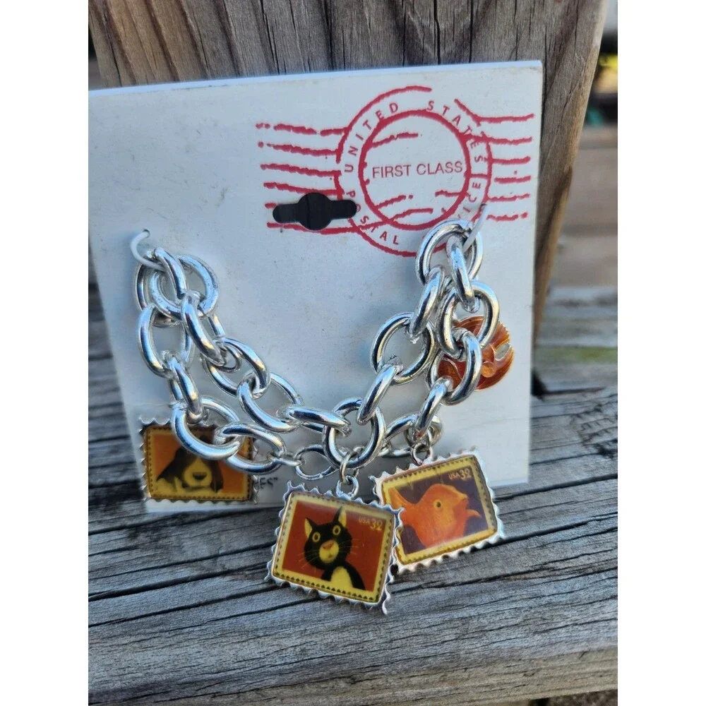 USPS 1998 Animal Stamps Charm Bracelet Dog Bassett Hound Cat Goldfish 7.5” NOS